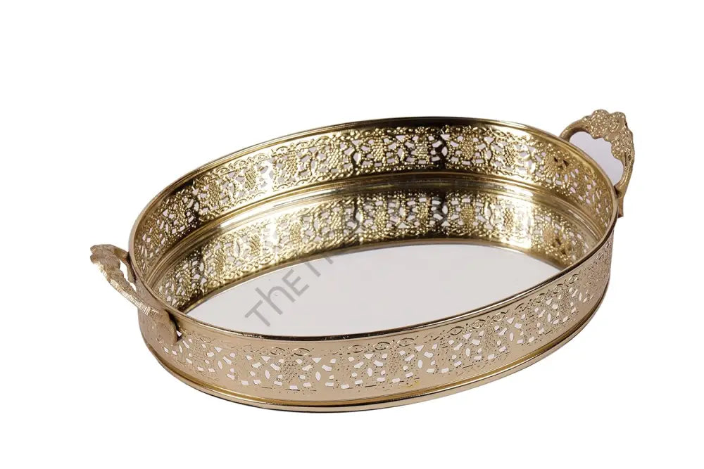Decorative Gold Mirror Tray with Handles | Oval Vanity & Serving Tray - Metal & Glass