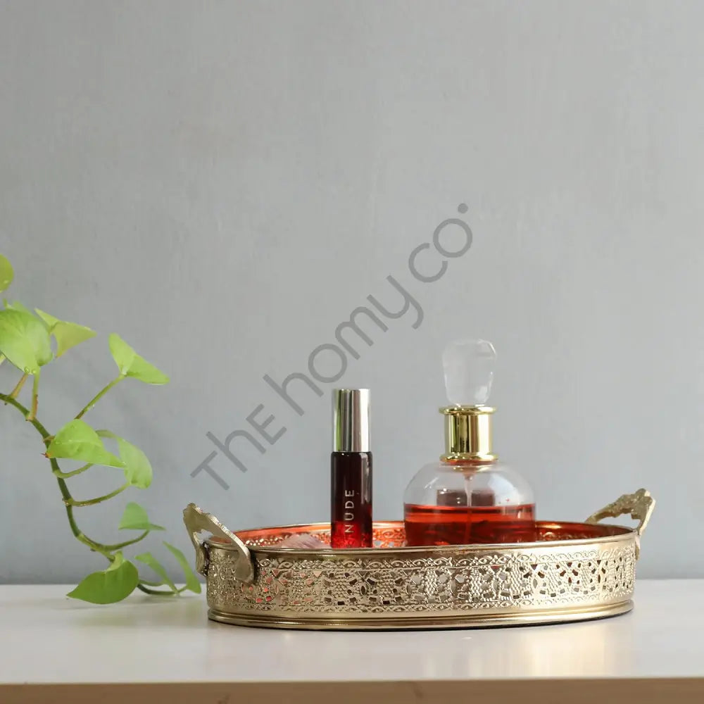 Decorative Gold Mirror Tray with Handles | Oval Vanity & Serving Tray - Metal & Glass
