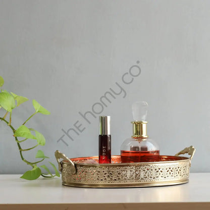 Decorative Gold Mirror Tray with Handles | Oval Vanity & Serving Tray - Metal & Glass