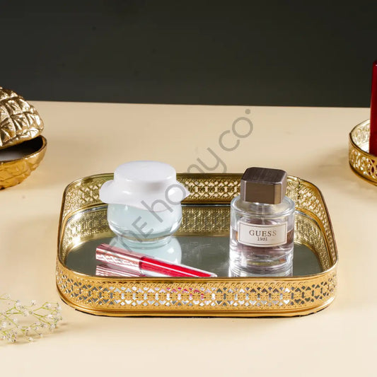 Decorative Gold Mirror Vanity Tray | Rectangle Makeup & Perfume Organizer - Metal & Glass