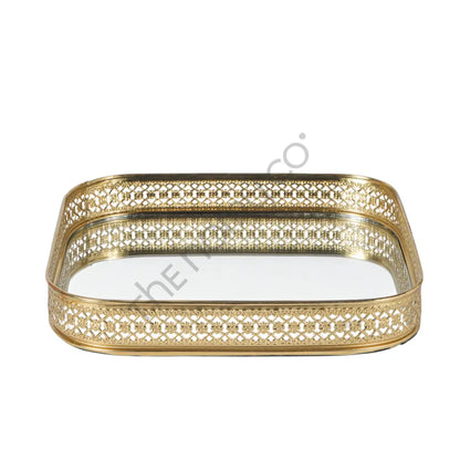 Elegant gold mirror vanity tray with a decorative lattice border for makeup and perfume organization. - 7