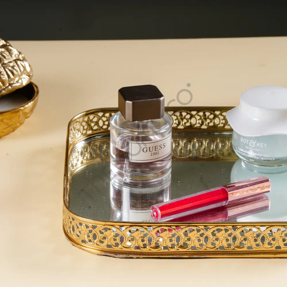 Elegant gold mirror vanity tray with a decorative lattice border for makeup and perfume organization. - 3