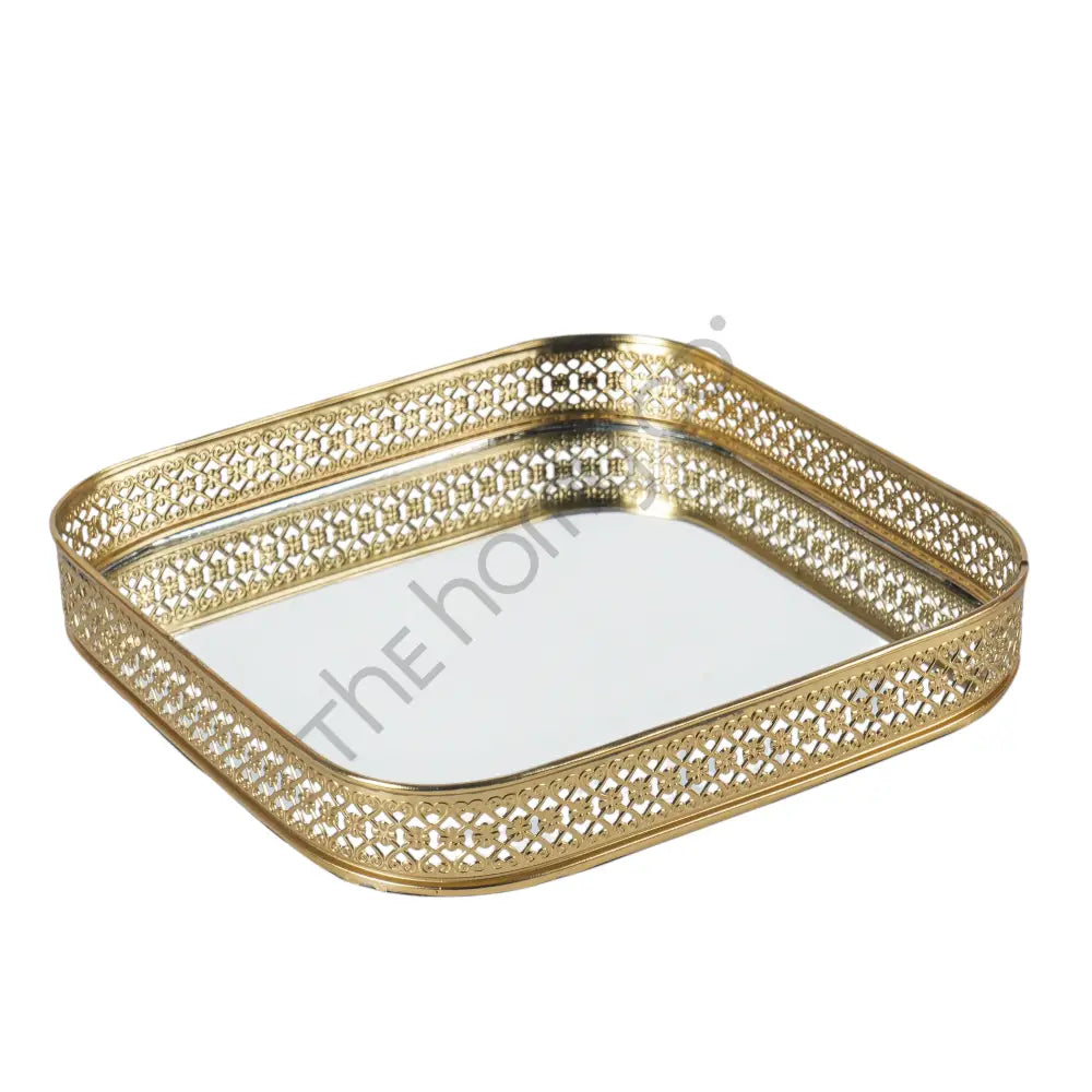 Elegant gold mirror vanity tray with a decorative lattice border for makeup and perfume organization. - 6