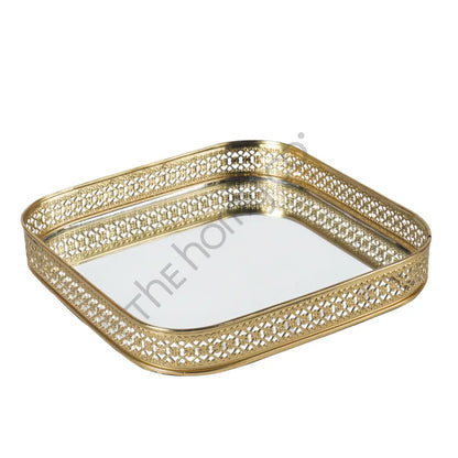 Elegant gold mirror vanity tray with a decorative lattice border for makeup and perfume organization. - 6