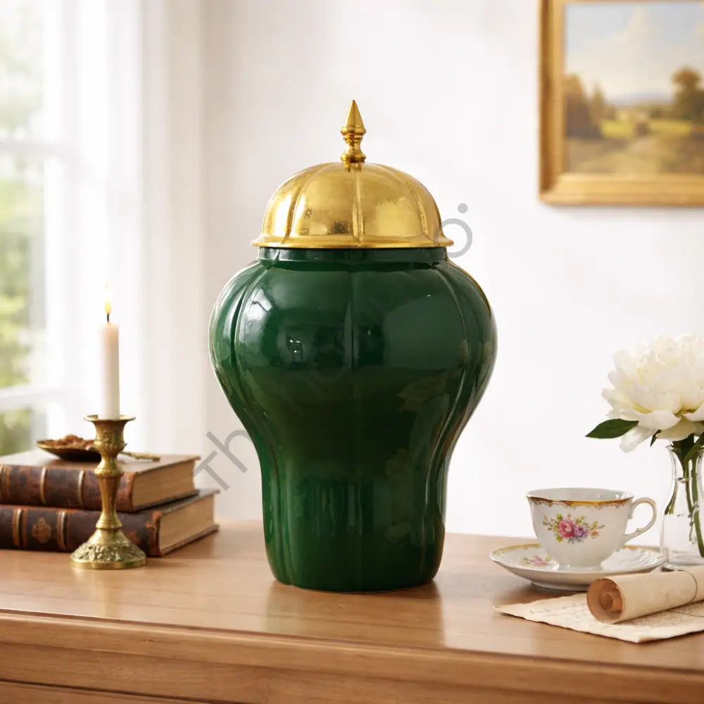 Elegant green ceramic storage jar with a luxury gold lid for sophisticated home decor. - 2