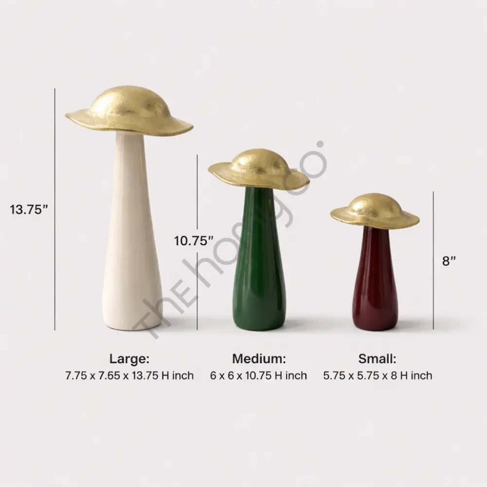Set of 3 decorative mushroom sculptures with metallic finish tops for modern home decor. - 3