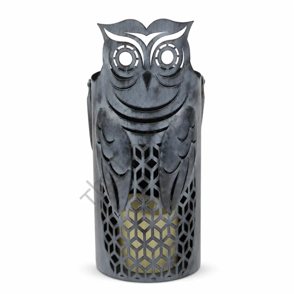 Decorative black owl metal lantern candle holder with geometric cutouts for Halloween and gothic home decor.