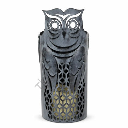 Decorative black owl metal lantern candle holder with geometric cutouts for Halloween and gothic home decor.