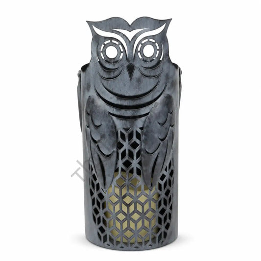 Decorative black owl metal lantern candle holder with geometric cutouts for Halloween and gothic home decor.