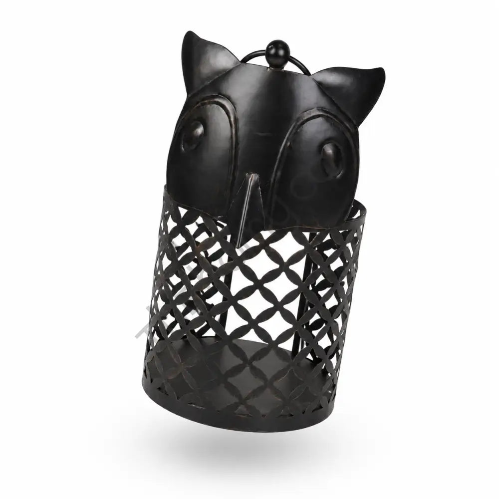 Rustic black owl-shaped metal lantern with lattice cutout design for Halloween and gothic home decor. - 2