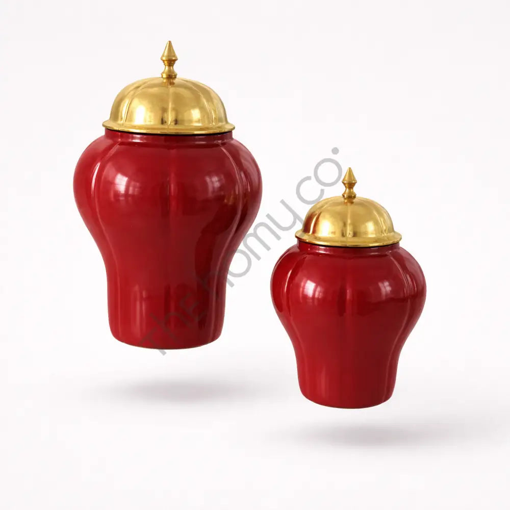 Decorative Red Jar with Gold Lid for Home Decor (Set of 2) - Showpieces
