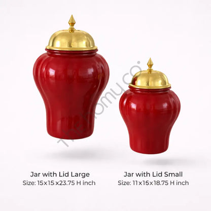 Decorative Red Jar with Gold Lid for Home Decor (Set of 2) - Showpieces