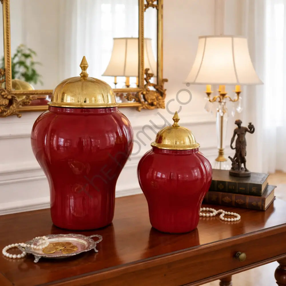 Decorative Red Jar with Gold Lid for Home Decor (Set of 2) - Showpieces