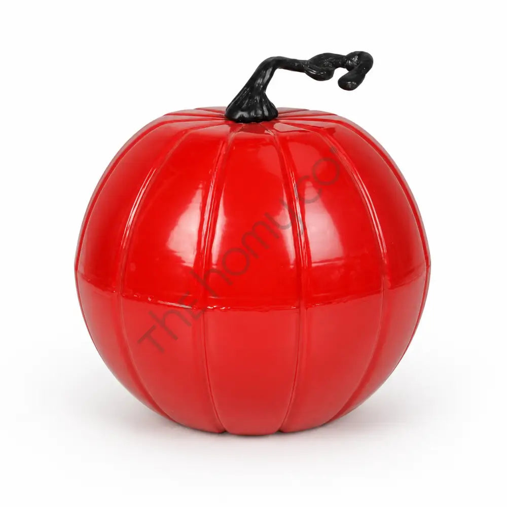 Glossy red pumpkin-shaped decorative jar with a black stem lid for Halloween and festive home decor.