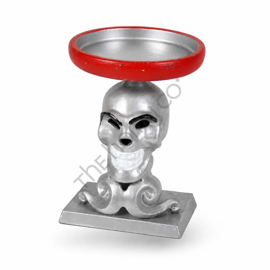 Silver decorative skull candle holder with a red enamel tray for gothic Halloween home decor. - 2