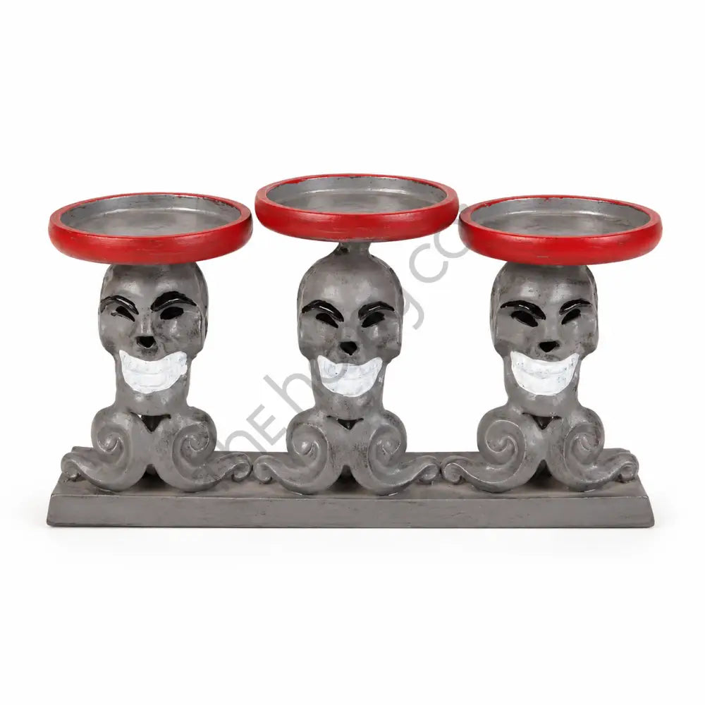 Silver decorative skull candle holder with a red enamel tray for gothic Halloween home decor. - 3
