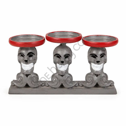 Silver decorative skull candle holder with a red enamel tray for gothic Halloween home decor. - 3