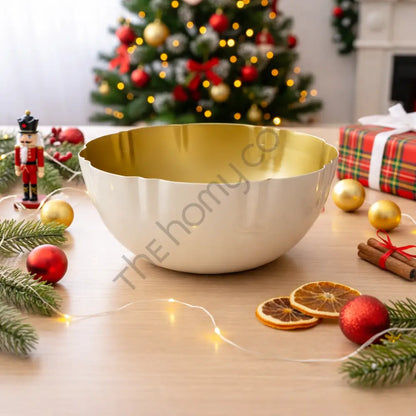 Elegant Metal Decorative Bowl | White Exterior Gold Interior Center Table Accent