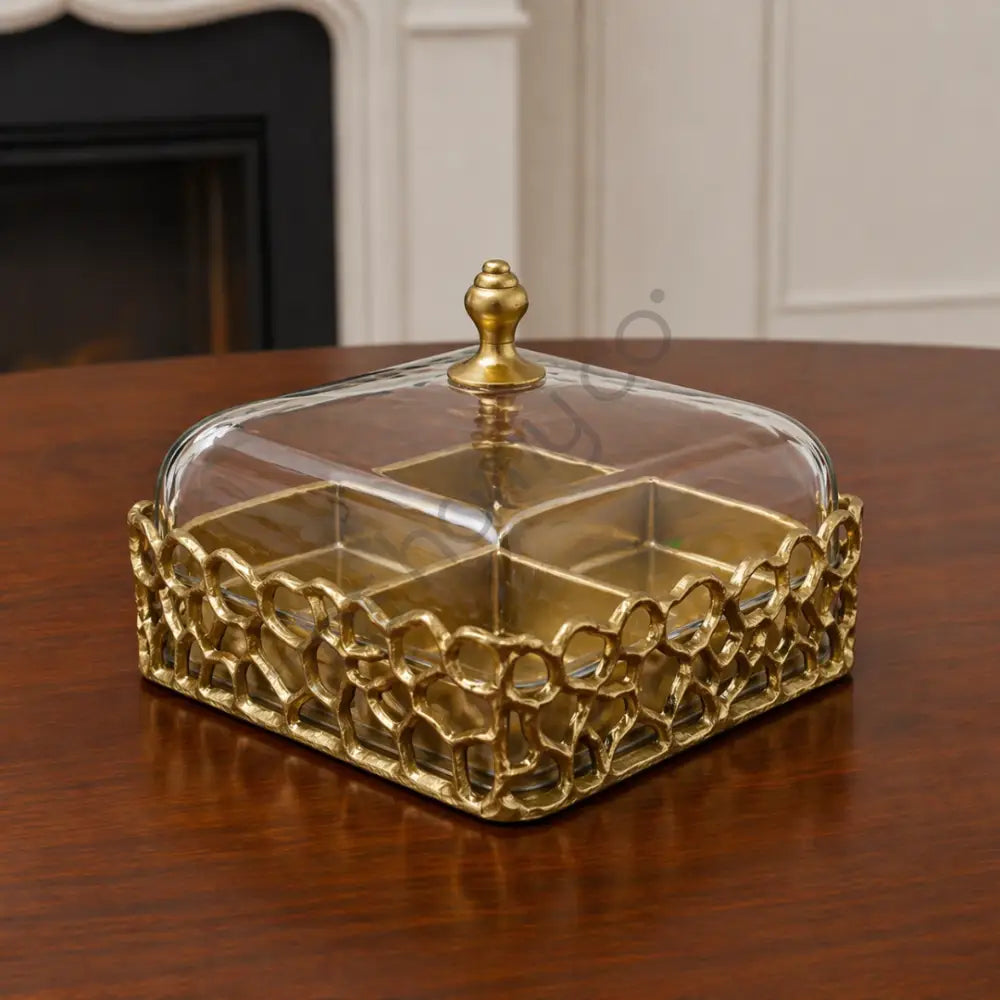 Elegant Square Serving Tray with Glass Dome | 4 Section Dry Fruit & Snack Box - Treys