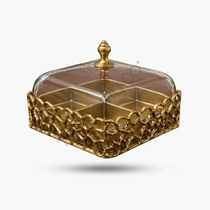 Elegant Square Serving Tray with Glass Dome | 4 Section Dry Fruit & Snack Box - Treys