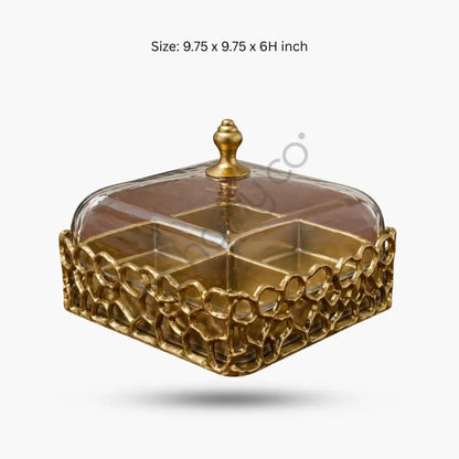 Elegant Square Serving Tray with Glass Dome | 4 Section Dry Fruit & Snack Box - Treys