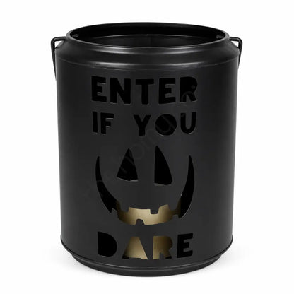 Black metal Halloween lantern with Enter If You Dare and pumpkin face cutout for spooky home decor.