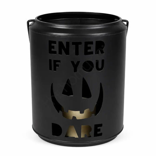 Black metal Halloween lantern with Enter If You Dare and pumpkin face cutout for spooky home decor.