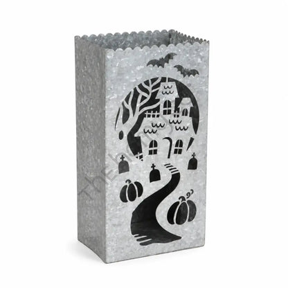 Galvanized haunted house lantern bag with pumpkin and bat cutouts for Halloween decor.