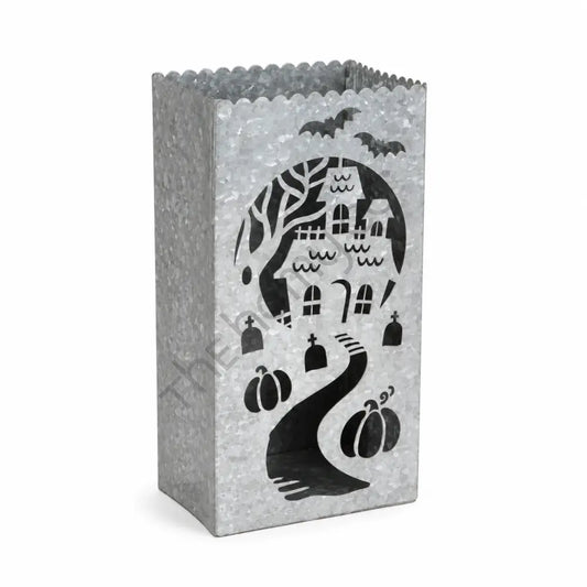 Galvanized haunted house lantern bag with pumpkin and bat cutouts for Halloween decor.