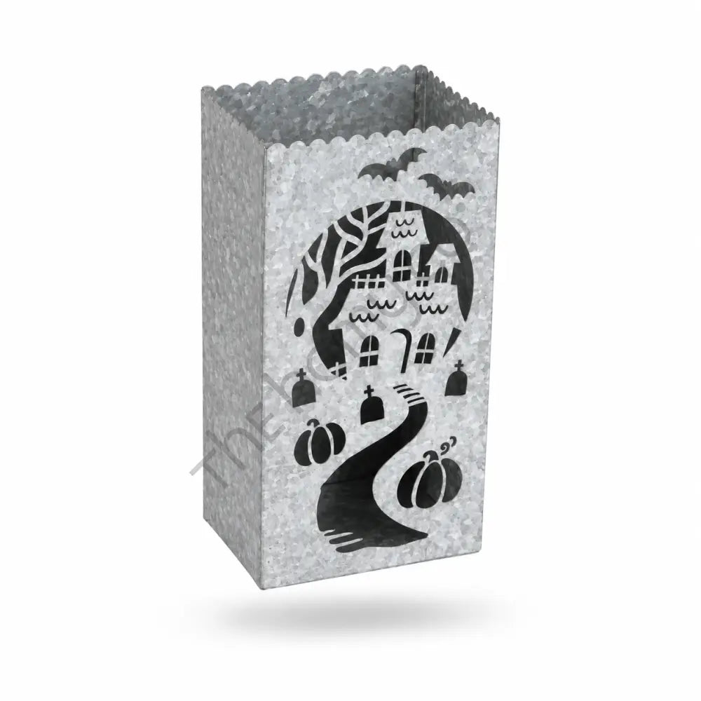 Galvanized haunted house lantern bag with pumpkin and bat cutouts for Halloween decor. - 2