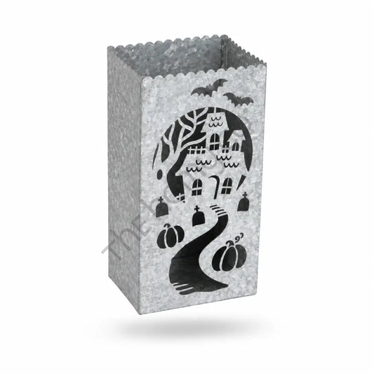 Galvanized haunted house lantern bag with pumpkin and bat cutouts for Halloween decor. - 2