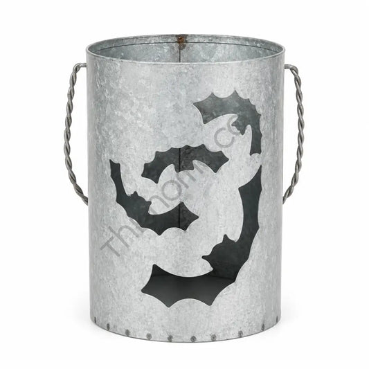 Galvanized metal bat lantern bucket with rustic cutout designs for Halloween home decor.