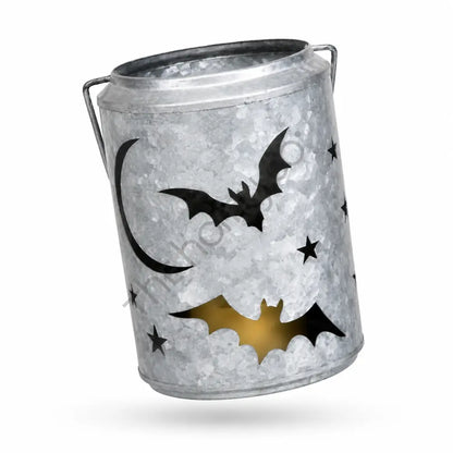 Galvanized metal Halloween lantern bucket with bat and star cutouts for rustic farmhouse decor. - 2