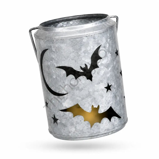 Galvanized metal Halloween lantern bucket with bat and star cutouts for rustic farmhouse decor. - 2