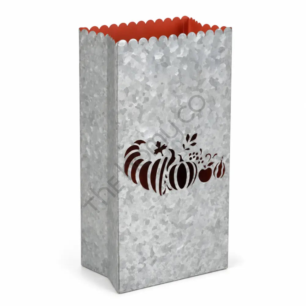 Rustic silver galvanized metal Halloween luminary lantern bag with pumpkin cutout for home decor.