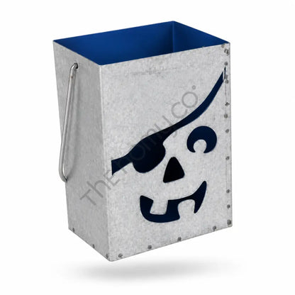 Galvanized metal pirate skull Halloween lantern bucket with blue interior for spooky holiday decor. - 2