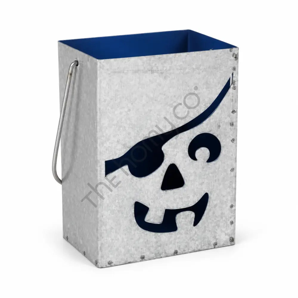 Galvanized metal pirate skull Halloween lantern bucket with blue interior for spooky holiday decor.
