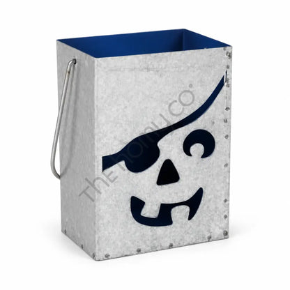 Galvanized metal pirate skull Halloween lantern bucket with blue interior for spooky holiday decor.