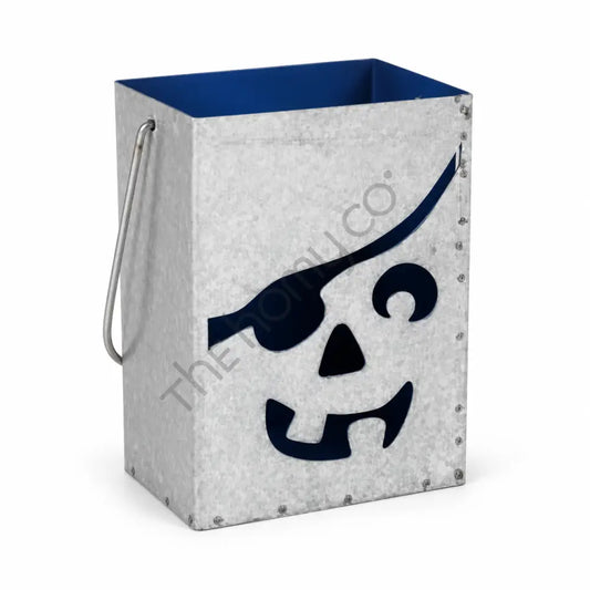 Galvanized metal pirate skull Halloween lantern bucket with blue interior for spooky holiday decor.
