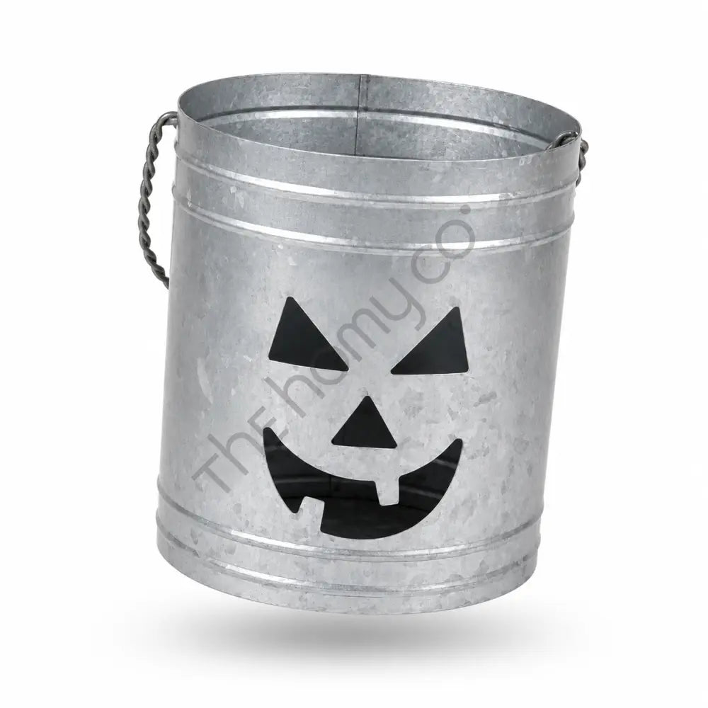 Rustic galvanized metal pumpkin jack-o-lantern lantern bucket for Halloween home decor. - 2