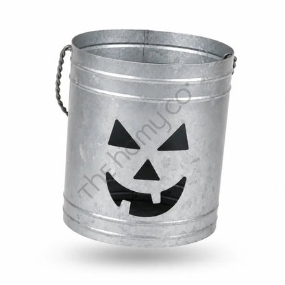 Rustic galvanized metal pumpkin jack-o-lantern lantern bucket for Halloween home decor. - 2