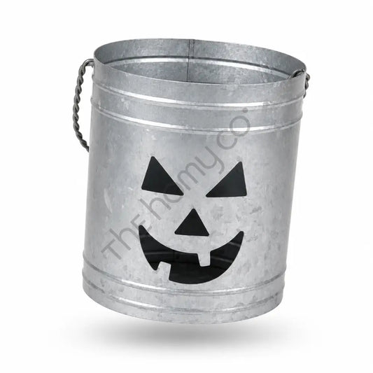 Rustic galvanized metal pumpkin jack-o-lantern lantern bucket for Halloween home decor. - 2
