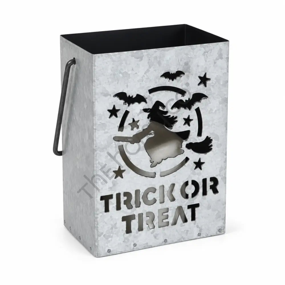 Rustic silver galvanized metal Halloween lantern bucket featuring a flying witch silhouette and Trick or Treat cutout design.