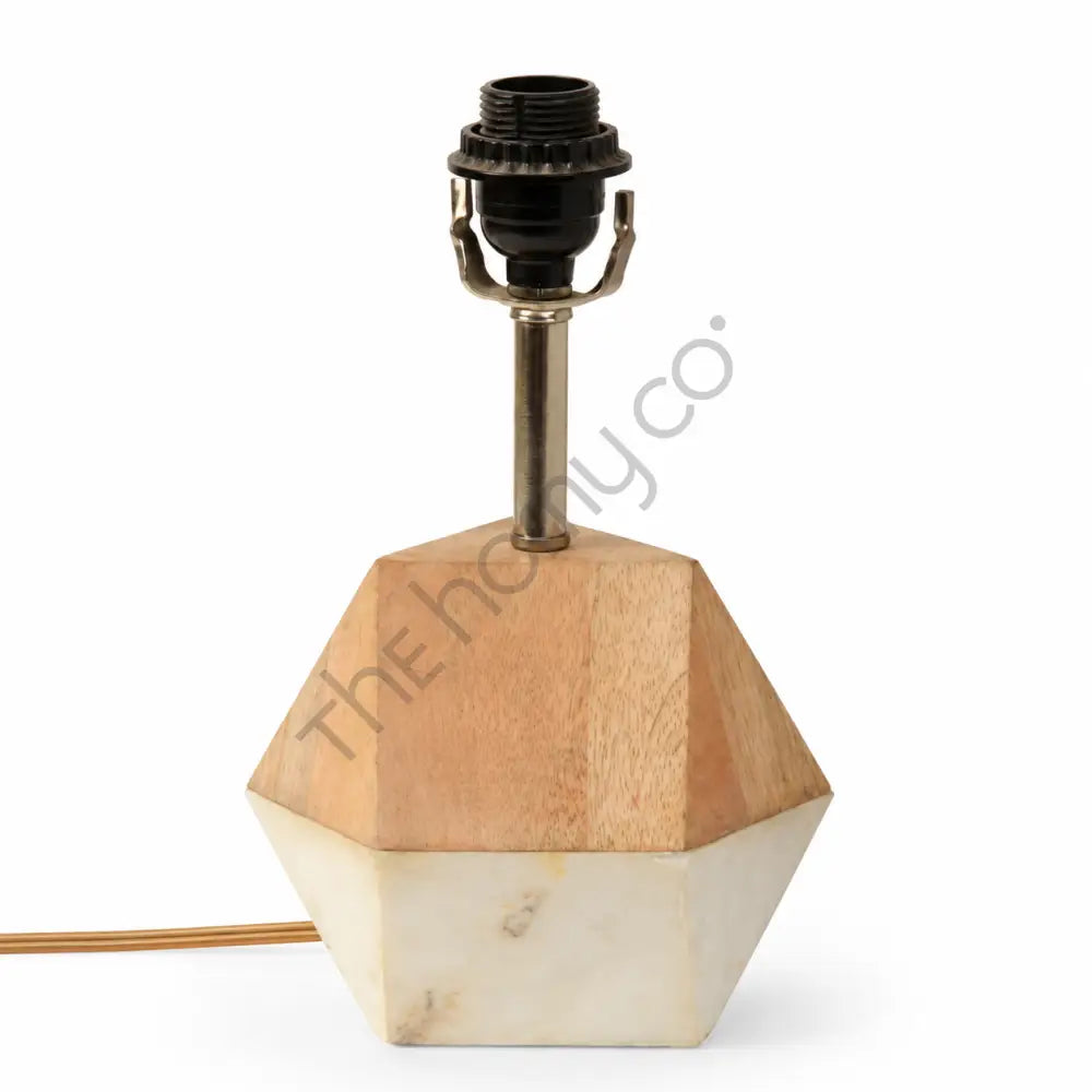 Geometric wooden table lamp base crafted from mango wood and marble with a modern angular silhouette.