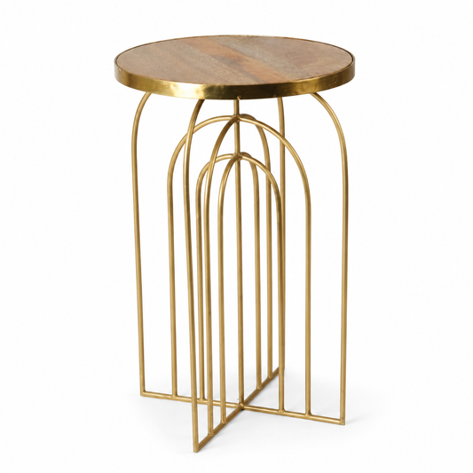 Modern Gold Arch Accent Table with Wooden Top