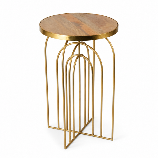Modern Gold Arch Accent Table with Wooden Top