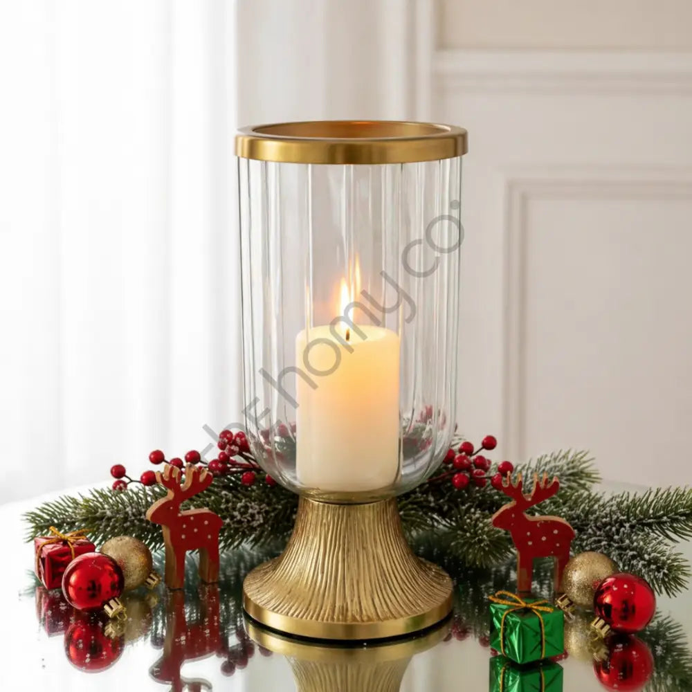 Glass Candle Holder with Metal Base | Gold Hurricane Candle Stand for Home Decor - Candle Holders