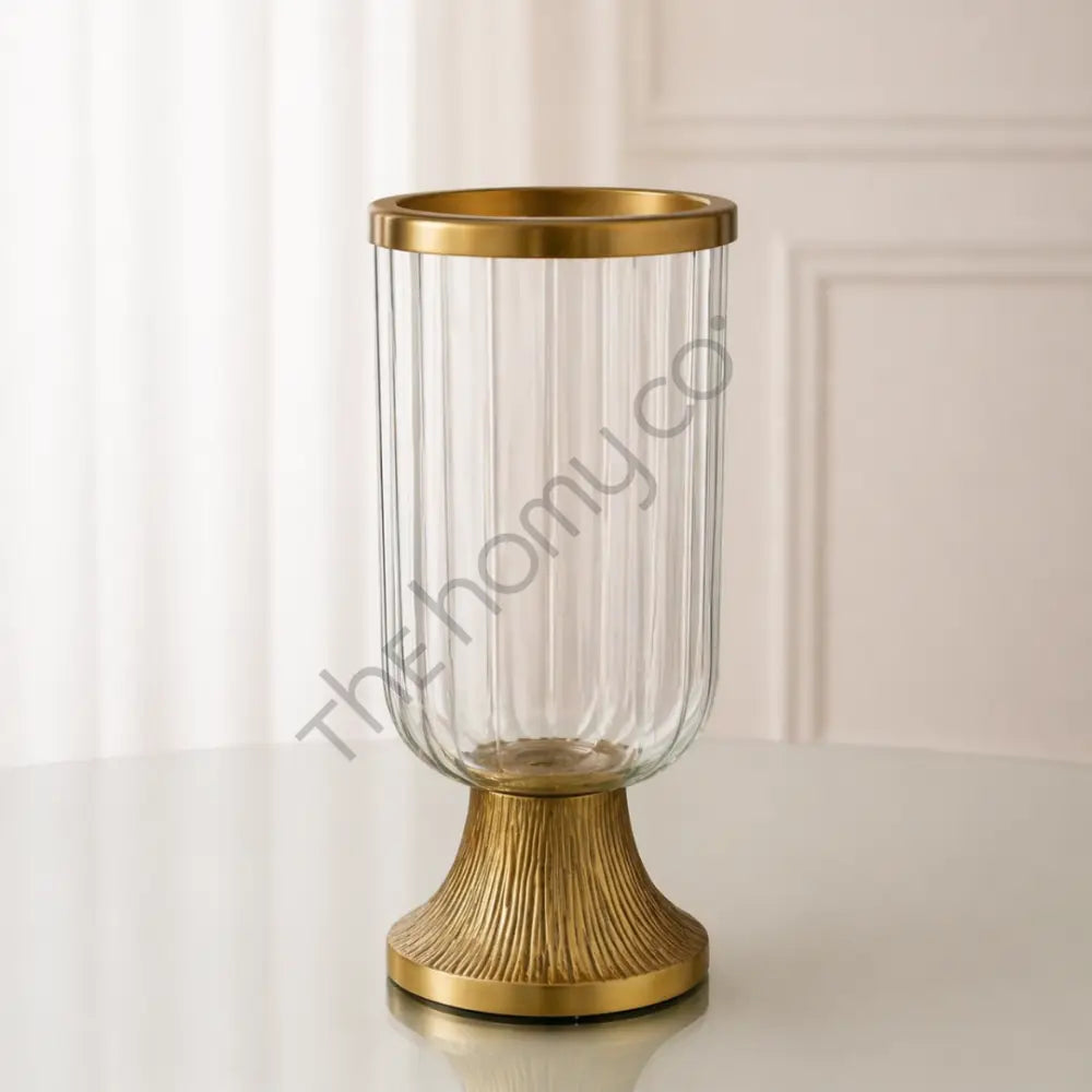 Glass Candle Holder with Metal Base | Gold Hurricane Candle Stand for Home Decor - Candle Holders