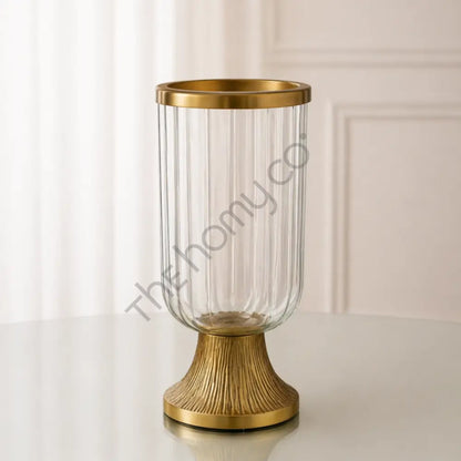 Glass Candle Holder with Metal Base | Gold Hurricane Candle Stand for Home Decor - Candle Holders