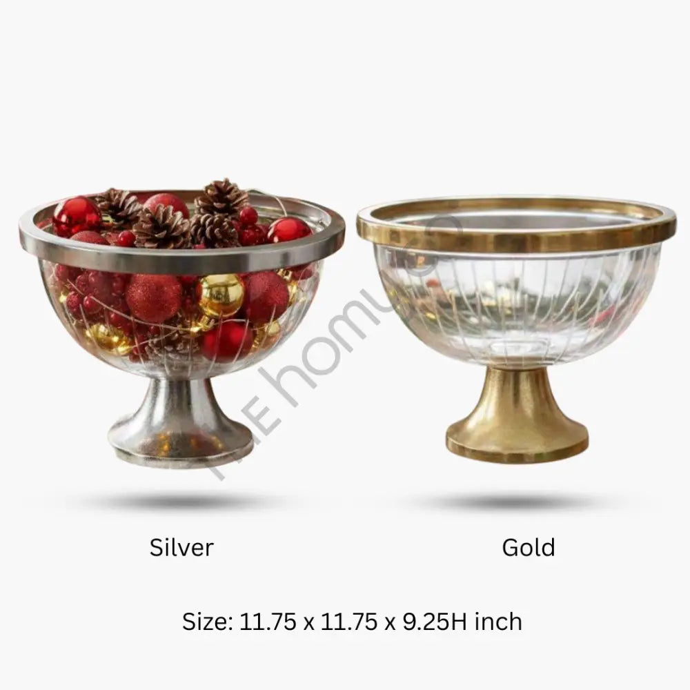 Glass Pedestal Bowl with Metal Base | Decorative Fruit Bowl Stand (Gold & Silver) - Cake Stands